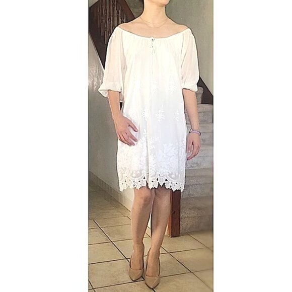 EVA MENDES- WOMENS WHITE 3/4 SLEEVE OFF THE SHOULDER KNEE LENGHT LINE SIZE SMALL - Picture 1 of 9